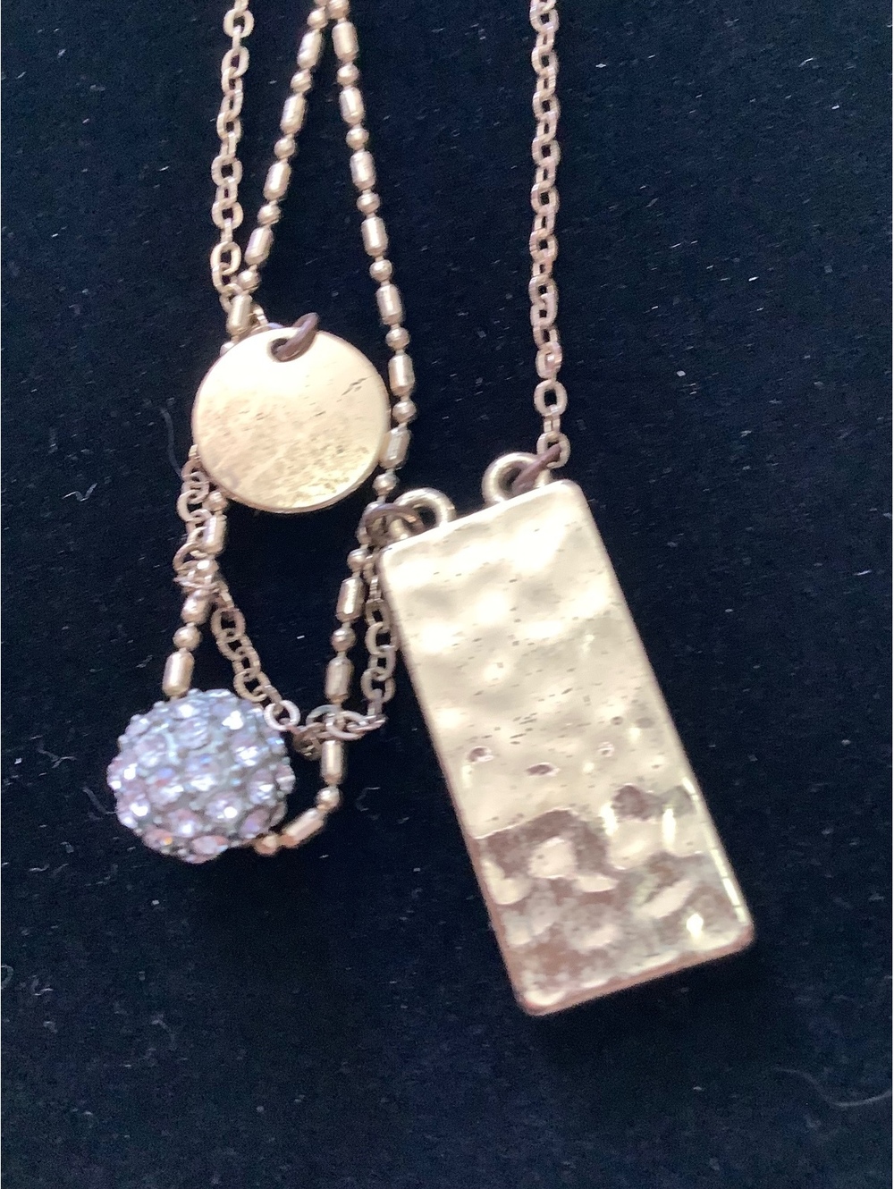 Chico’s Gold Tone Multi Strand Necklace Hammered Pendant Crystal Ball Layered